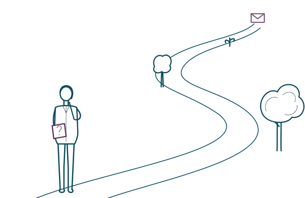 Line drawing of a person with a hand to their chin, holding a notebook with a question mark. Behind them, a winding path leads back to a small letter in the distance, with trees growing larger along the way.