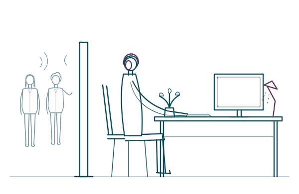 Line drawing of a busy office. Two colleagues talk in the background. A tall screen separates them from a person at a desk wearing headphones, with a desk lamp and a plant.