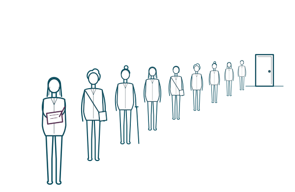Line drawing of a long queue of people leading to a small door in the distance. The person at the back of the queue is writing in a notebook while they wait.